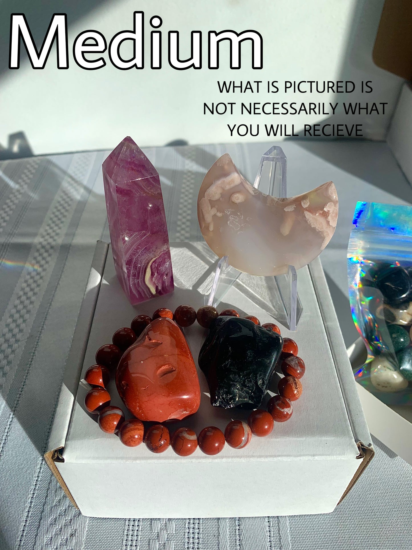 CRYSTAL MYSTERY BOX, 3 Sizes, Metaphysical Healing Crystal Suprise Mix with Towers, Carvings, Tumbled Stones, Jewelry and More!