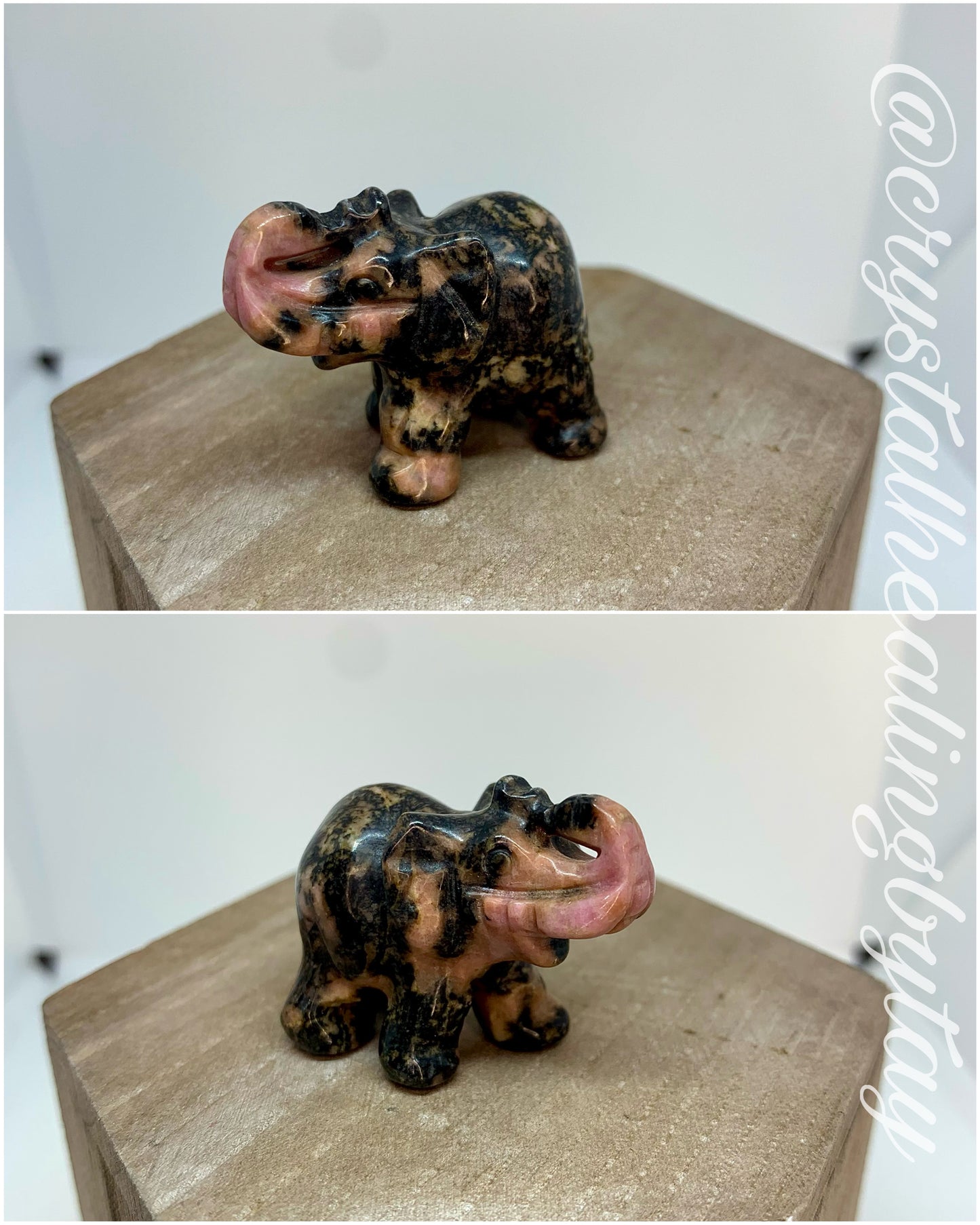 Crystal Elephant 1.5” Carving Figurine Polished Stone Animals in Bloodstone, Obsidian, Rhodonite, Caribbean Calcite, Larvikite, Tigers Eye