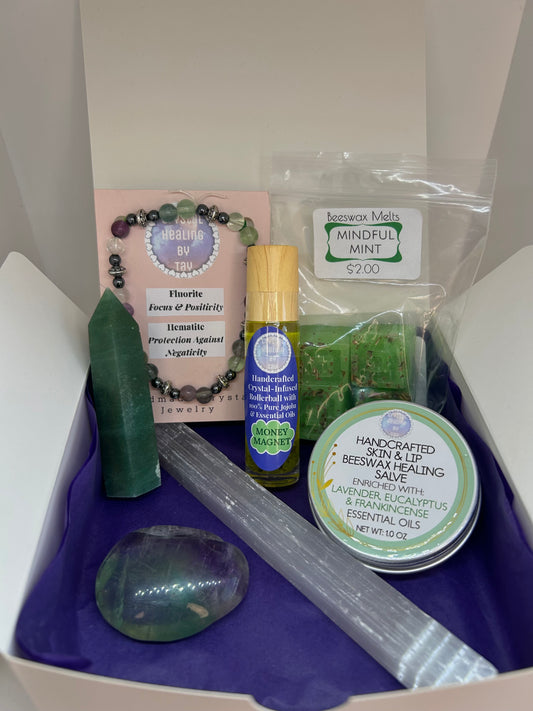 Tranquil Treasures Holiday Crystal Gift Boxes w/ Handmade Body Care and Crystal Rollerball/Jewelry Premade Gift Set, Style: 2 Options