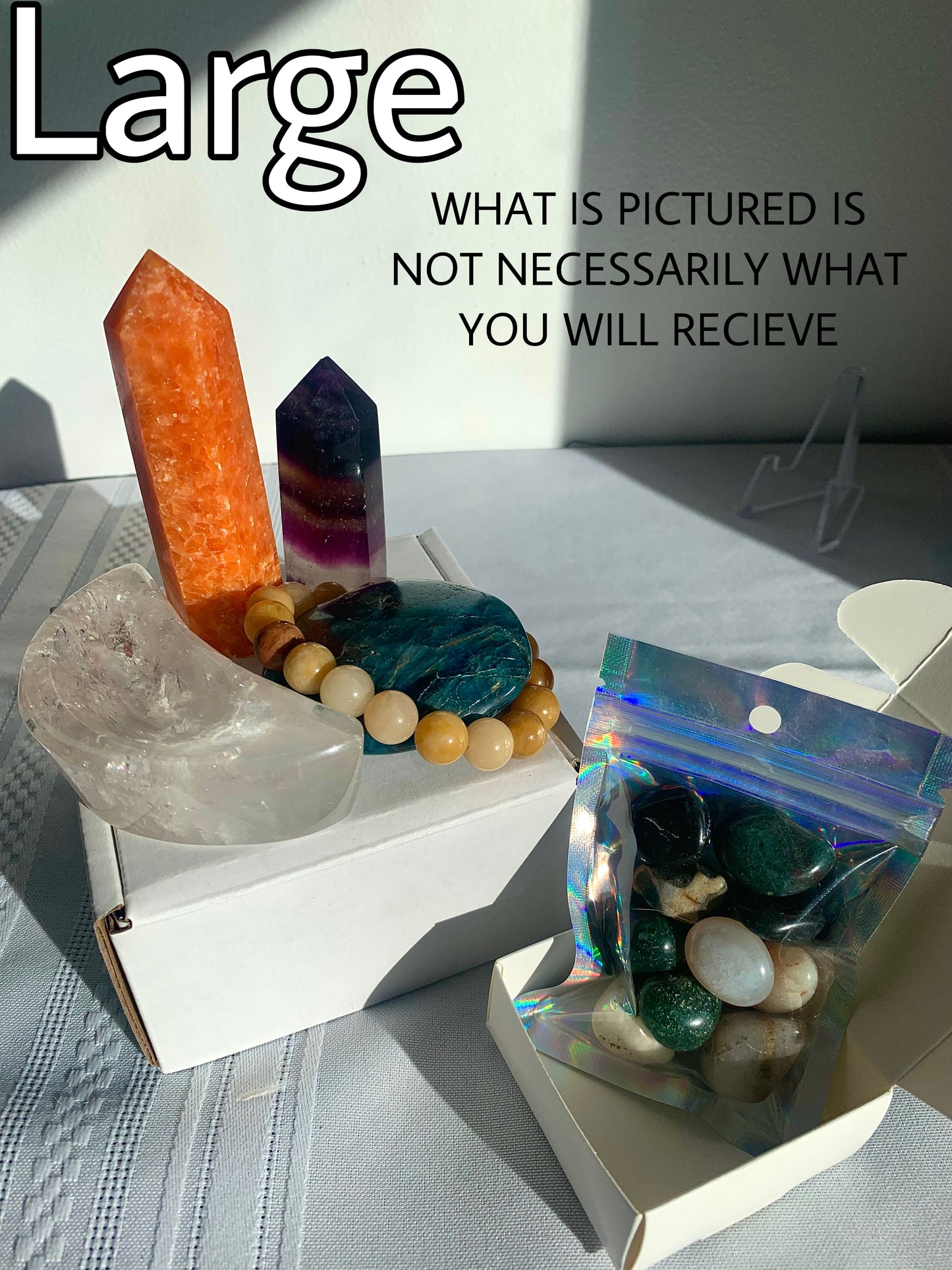 CRYSTAL MYSTERY BOX, 3 Sizes, Metaphysical Healing Crystal Suprise Mix with Towers, Carvings, Tumbled Stones, Jewelry and More!