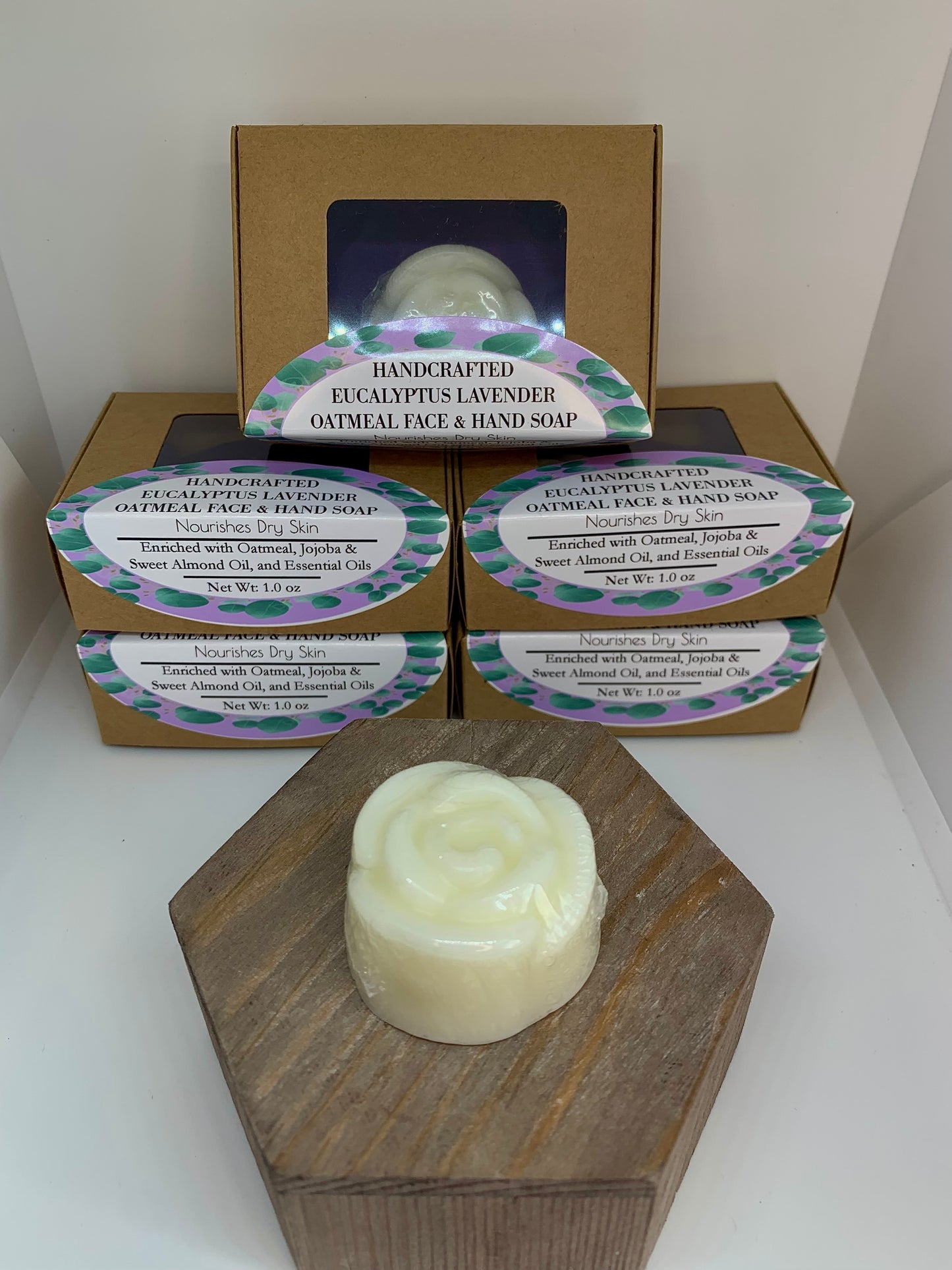 1 oz Handcrafted Eucalyptus Lavender EO Oatmeal Natural Face & Hand Soap Bar Enriched with Jojoba and Sweet Almond Oils in Floral Rose Shape