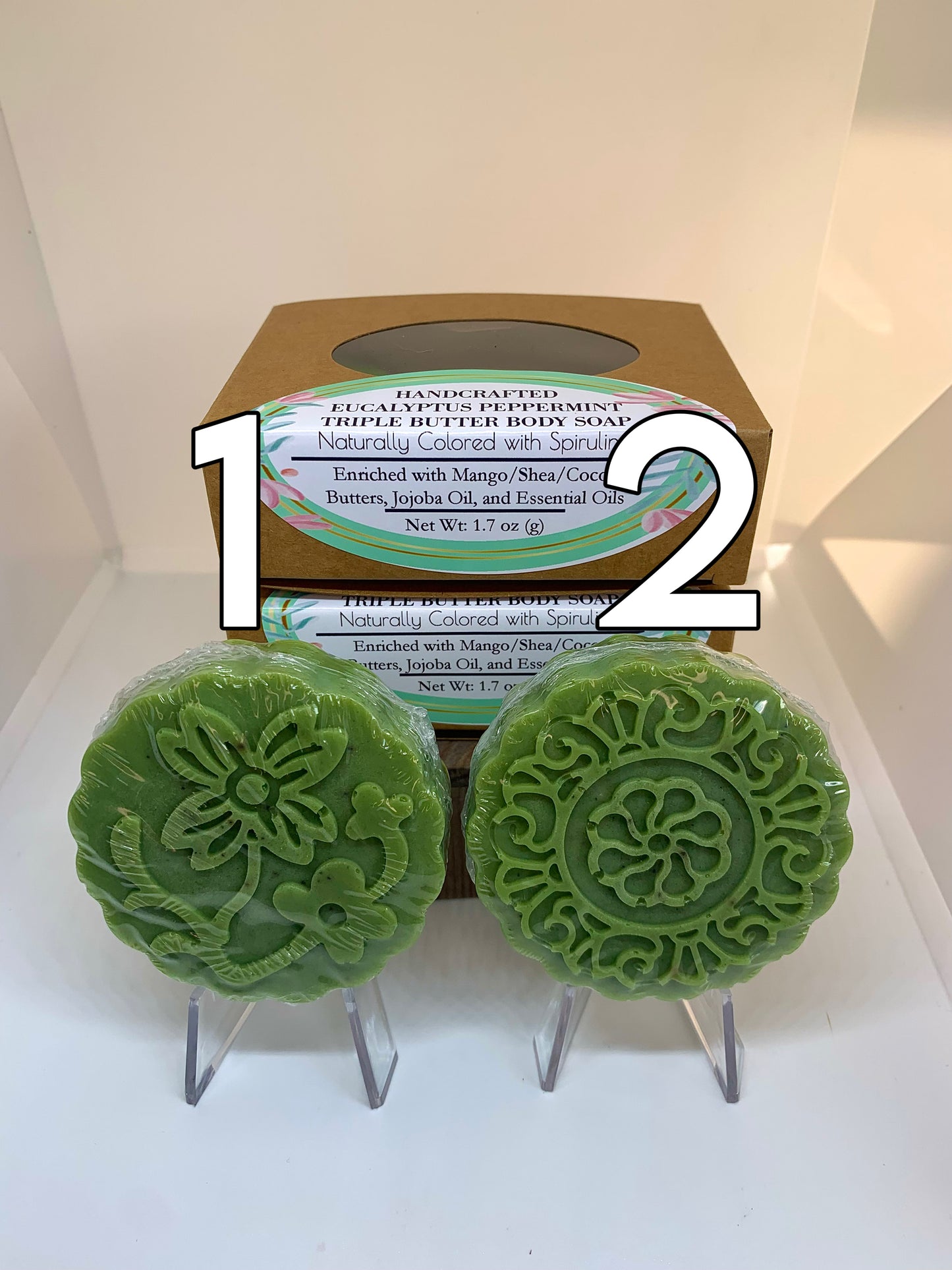 1.7 oz Handcrafted Eucalyptus Peppermint Triple Butter Hand & Body Soap Bar w/ Jojoba Oil, Essential Oils, Naturally Colored w/ Spirulina