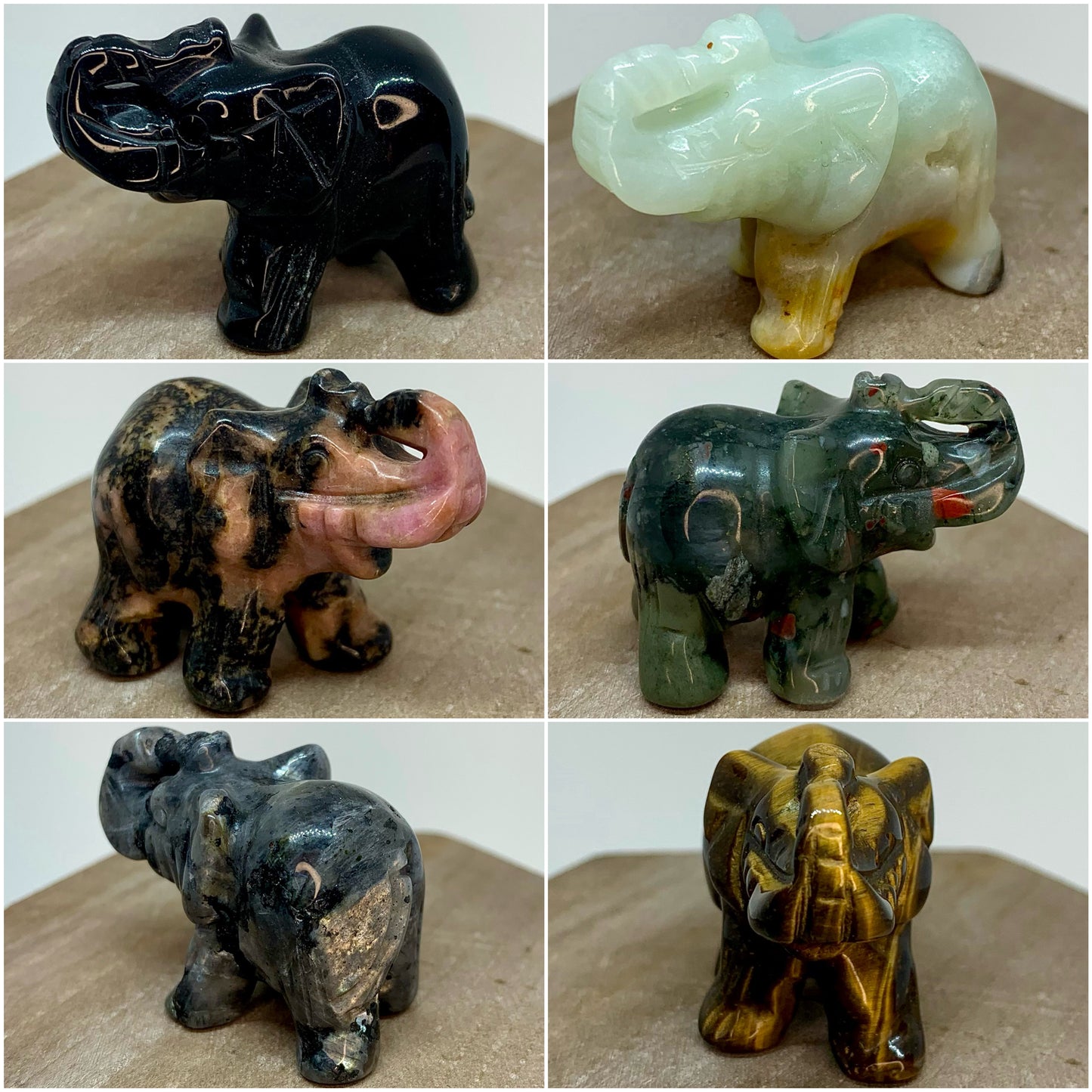 Crystal Elephant 1.5” Carving Figurine Polished Stone Animals in Bloodstone, Obsidian, Rhodonite, Caribbean Calcite, Larvikite, Tigers Eye