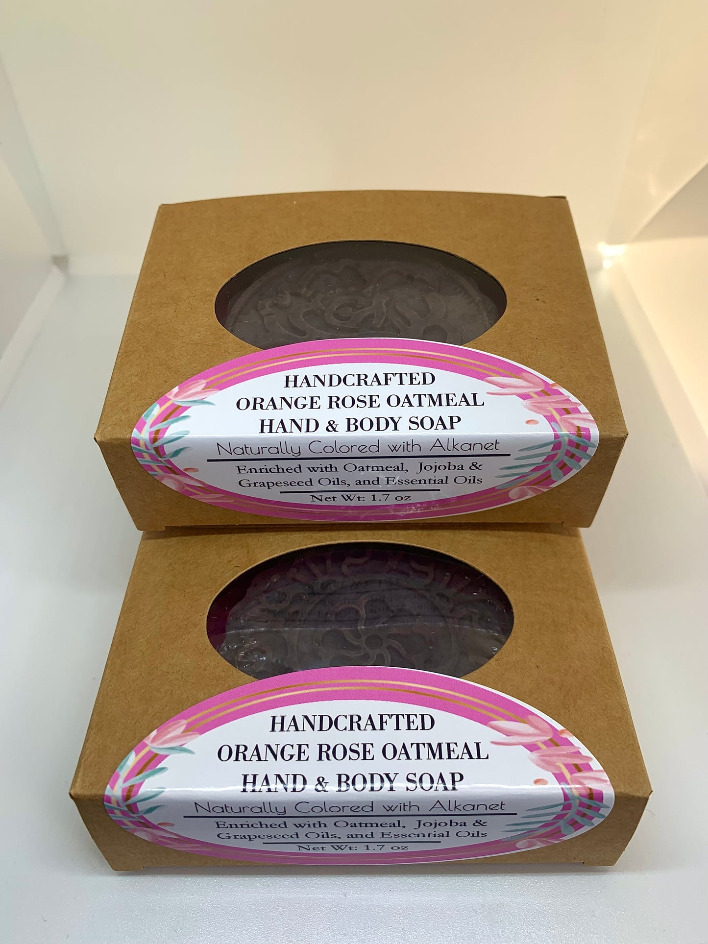 1.7 oz Handcrafted Orange-Rose Oatmeal Hand Body Soap Bar w/ Jojoba & Grapeseed oils, Essential Oils, Naturally Colored w/ Alkanet, Beetroot