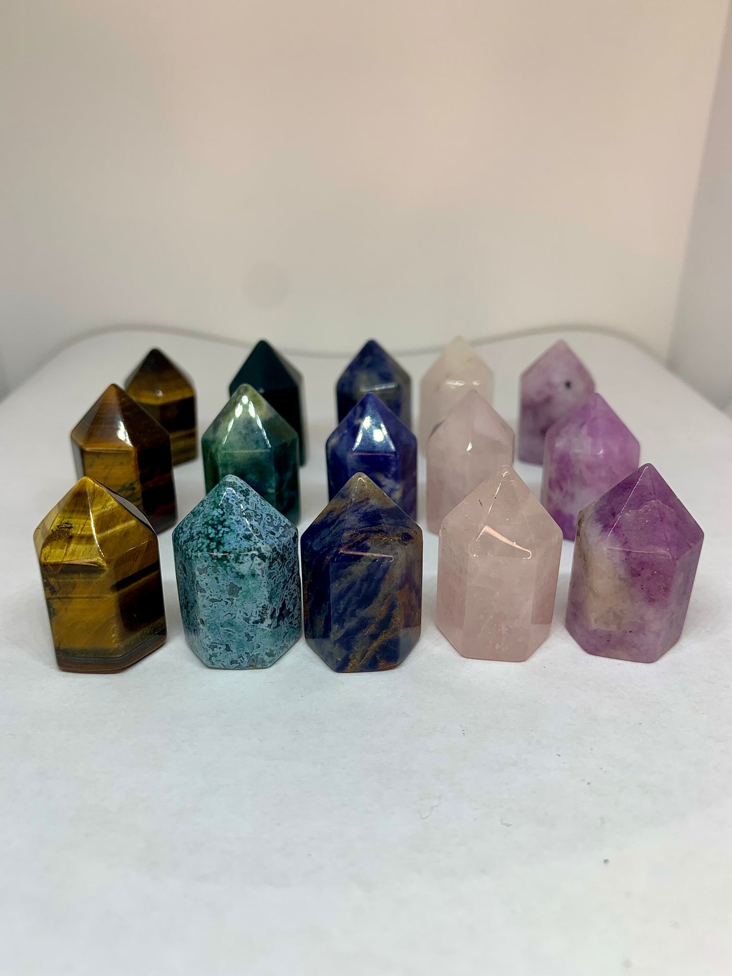 Crystal Polished Tower 1 Inch Mineral Point Obelisk Carving in Tigers Eye, Ocean Jasper, Sodalite, Rose Quartz and Lepidolite