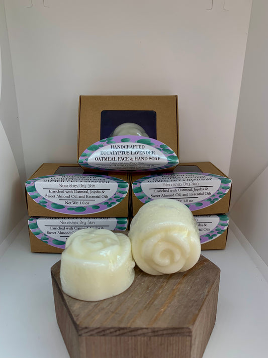 1 oz Handcrafted Eucalyptus Lavender EO Oatmeal Natural Face & Hand Soap Bar Enriched with Jojoba and Sweet Almond Oils in Floral Rose Shape