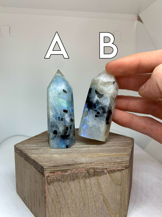 FLASHY Rainbow Moonstone Crystal Polished Towers Mineral Points (you choose)