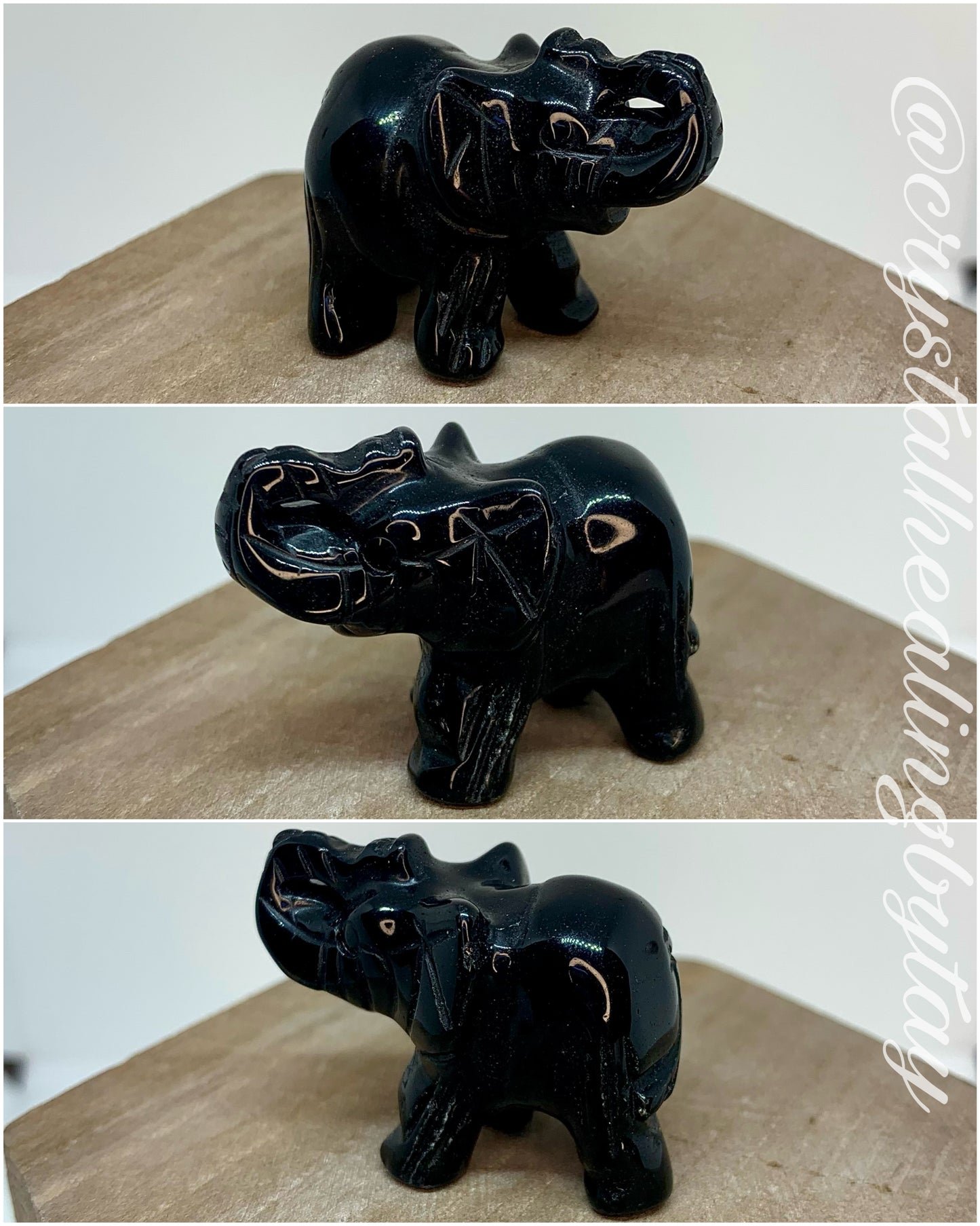 Crystal Elephant 1.5” Carving Figurine Polished Stone Animals in Bloodstone, Obsidian, Rhodonite, Caribbean Calcite, Larvikite, Tigers Eye