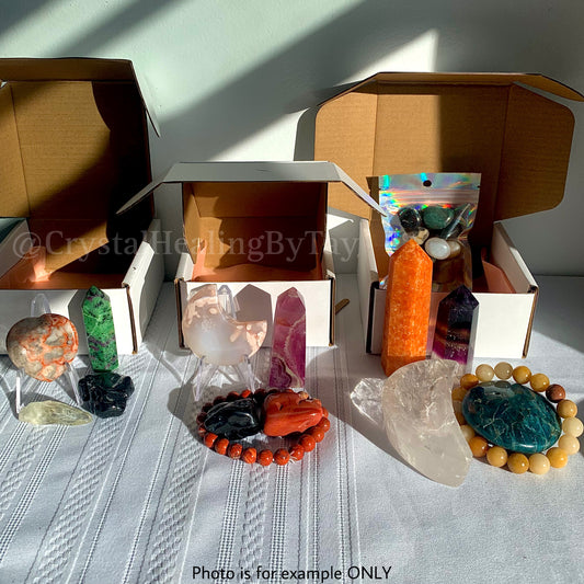 CRYSTAL MYSTERY BOX, 3 Sizes, Metaphysical Healing Crystal Suprise Mix with Towers, Carvings, Tumbled Stones, Jewelry and More!