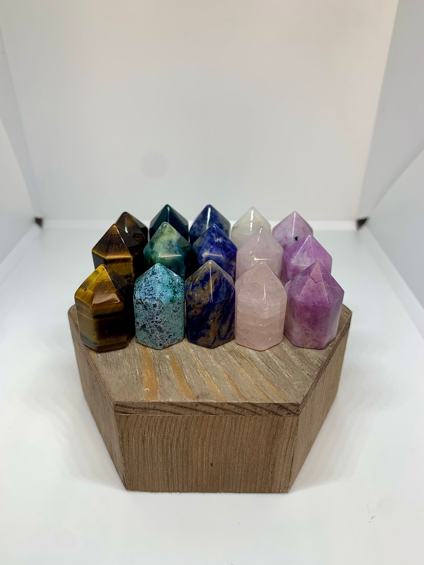 Crystal Polished Tower 1 Inch Mineral Point Obelisk Carving in Tigers Eye, Ocean Jasper, Sodalite, Rose Quartz and Lepidolite