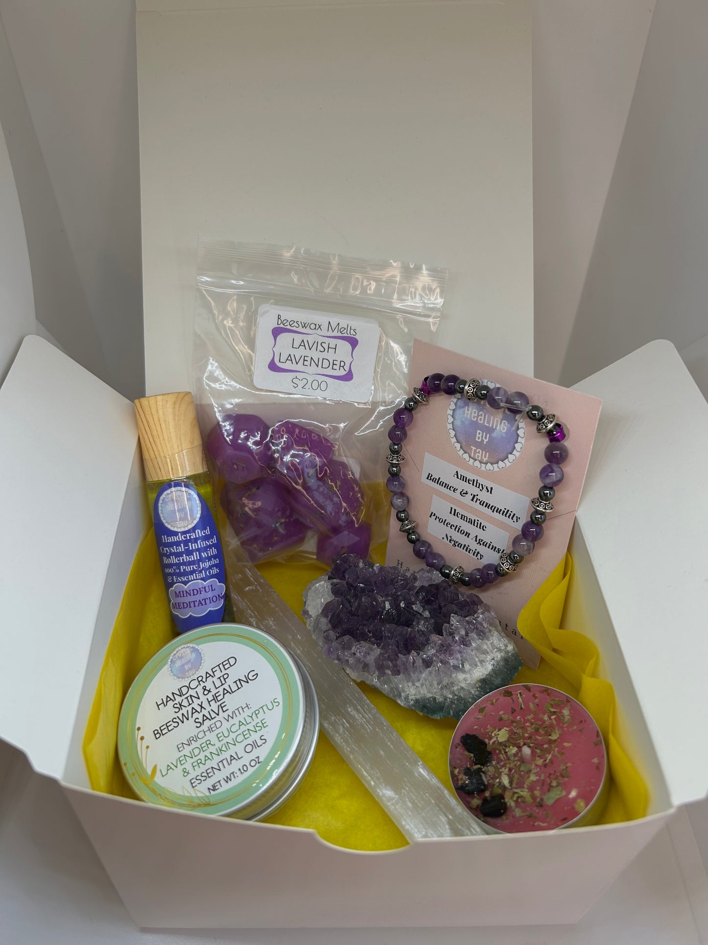 Mellow Marvels Holiday Crystal Gift Boxes w/ Handmade Body Care and Crystal Rollerball/Jewelry Premade Gift Set, Style: 2 Options