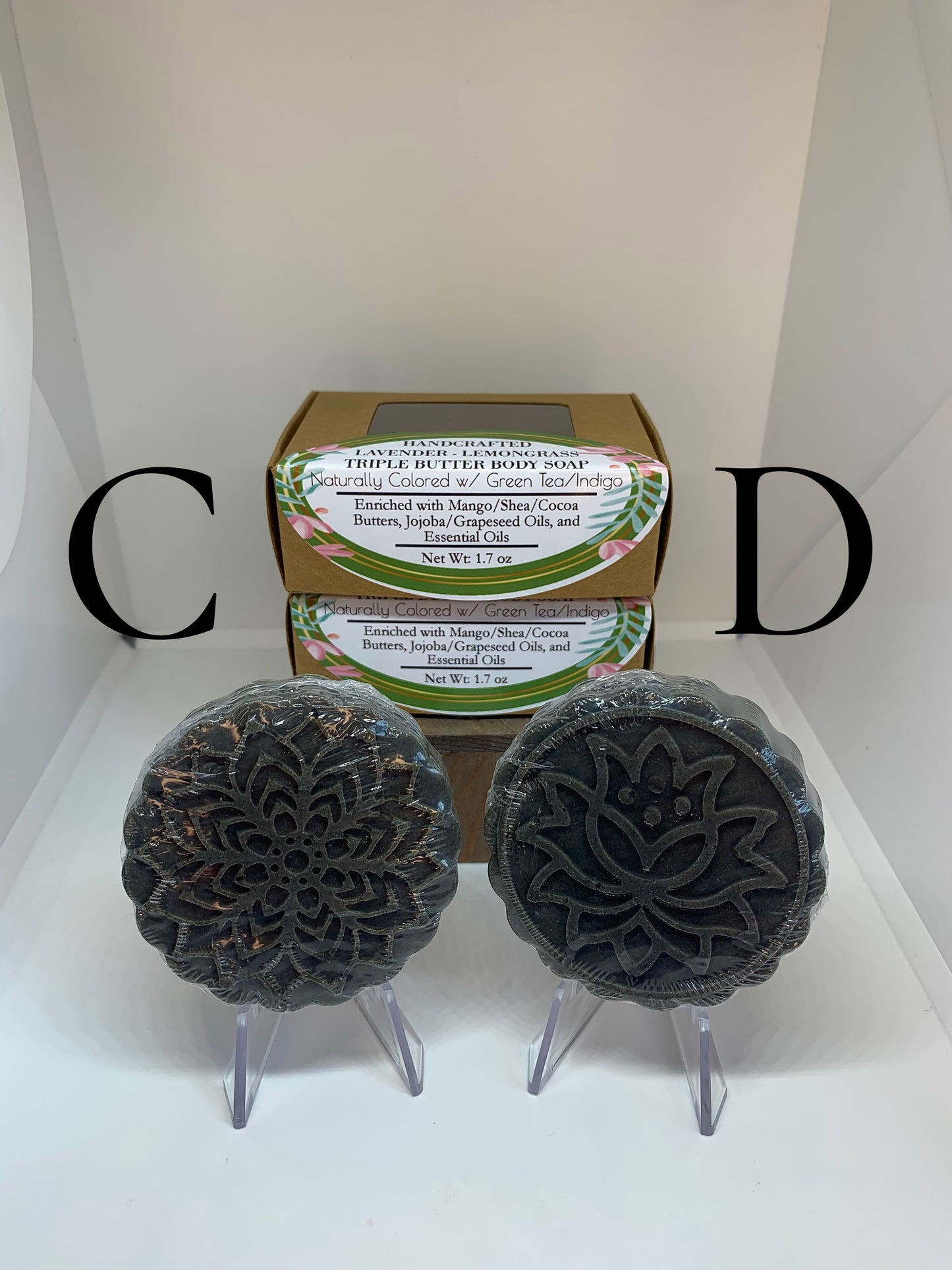 1.7 oz Handcrafted Lavender-Lemongrass 3 Butter Hand & Body Soap Bar Enriched w/ Jojoba and Grapeseed Oils, Essential Oils, Naturally Colored w/ Indigo and Green Tea Powder