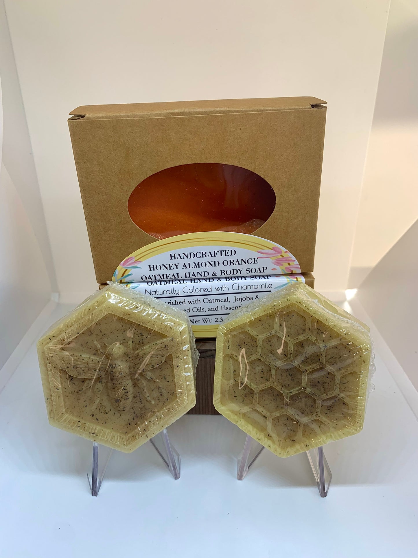 2.3 oz Handcrafted Honey-Almond Orange Oatmeal Hand Body Soap Bar w/ Jojoba and Grapeseed Oil, Essential Oil, Naturally Colored w/ Chamomile