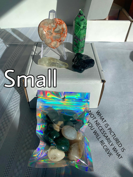 CRYSTAL MYSTERY BOX, 3 Sizes, Metaphysical Healing Crystal Suprise Mix with Towers, Carvings, Tumbled Stones, Jewelry and More!