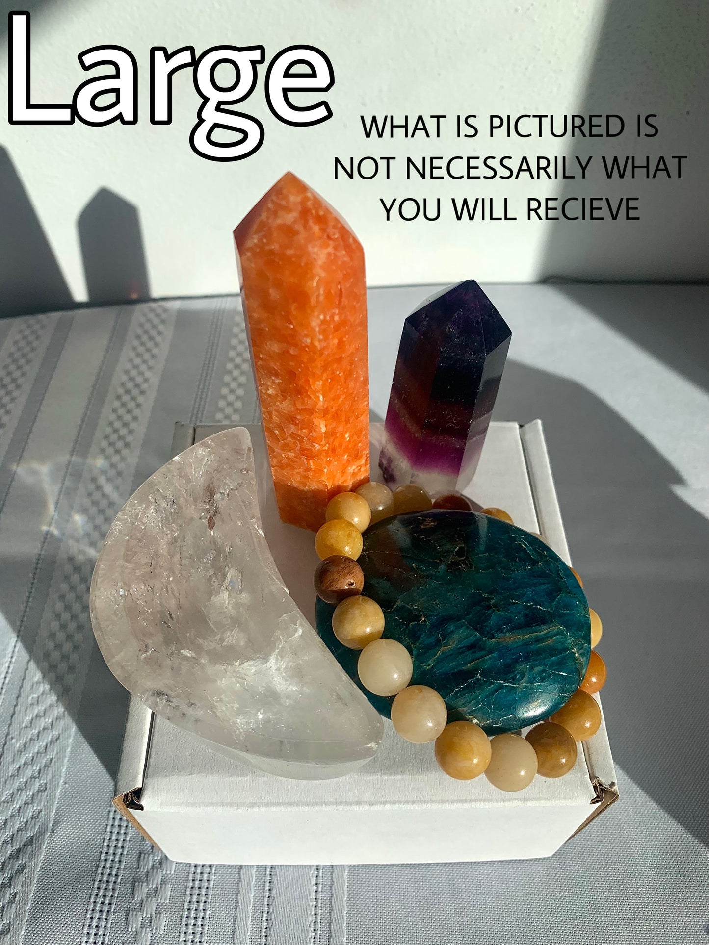 CRYSTAL MYSTERY BOX, 3 Sizes, Metaphysical Healing Crystal Suprise Mix with Towers, Carvings, Tumbled Stones, Jewelry and More!