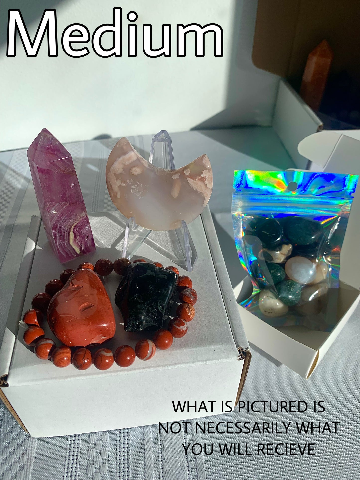 CRYSTAL MYSTERY BOX, 3 Sizes, Metaphysical Healing Crystal Suprise Mix with Towers, Carvings, Tumbled Stones, Jewelry and More!