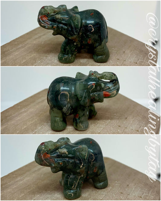 Crystal Elephant 1.5” Carving Figurine Polished Stone Animals in Bloodstone, Obsidian, Rhodonite, Caribbean Calcite, Larvikite, Tigers Eye