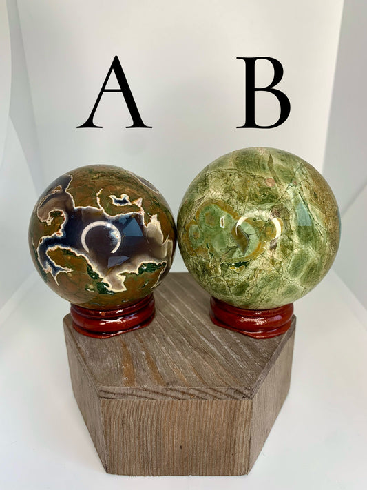 VIBRANT Crystal Rainforest Jasper Rhyolite Mineral Polished Sphere Carvings WITH Sphere Stand