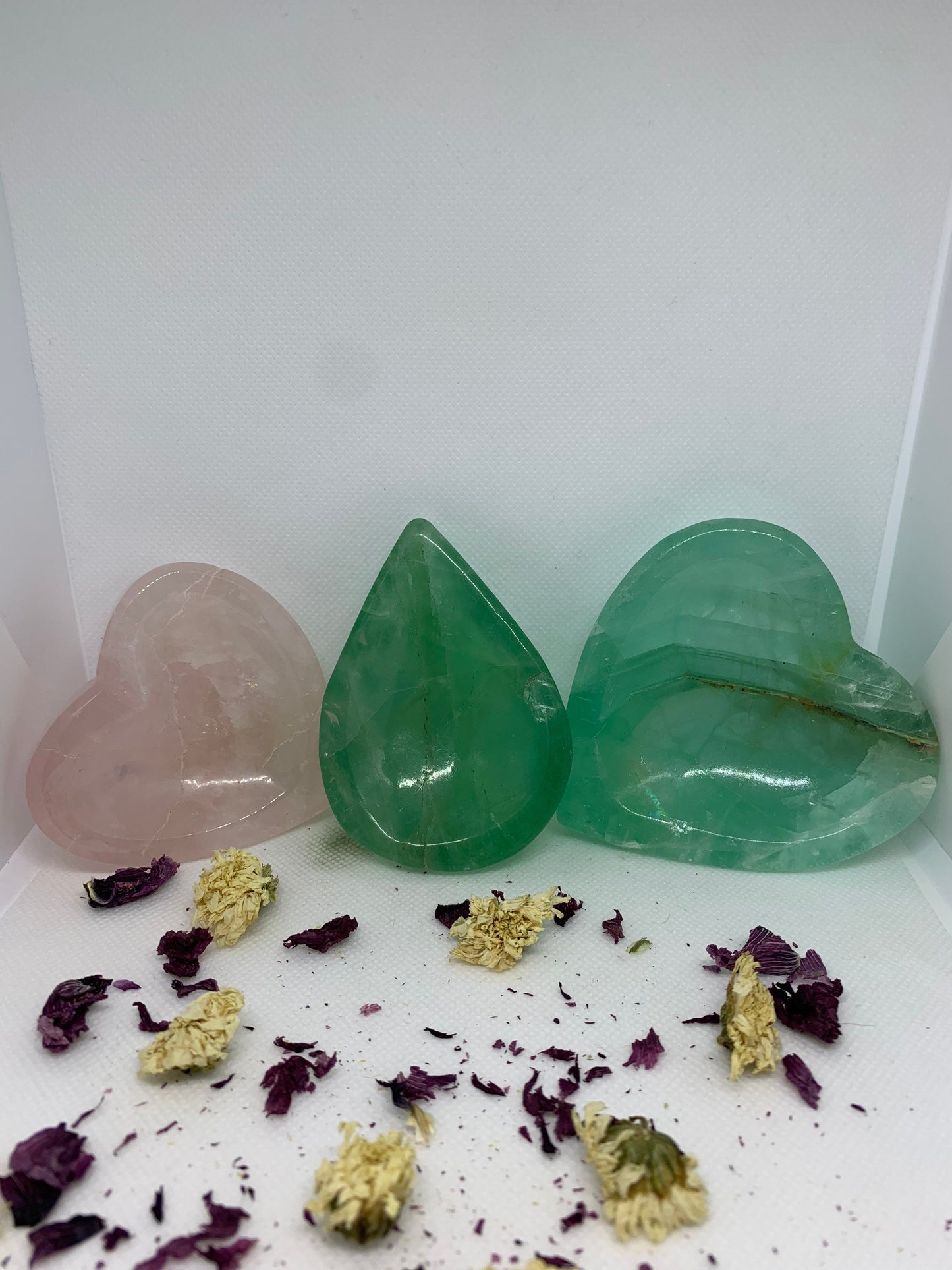 Crystal Heart and Teardrop Bowl Carvings Fluorite and Rose Quartz ( YOU CHOOSE )