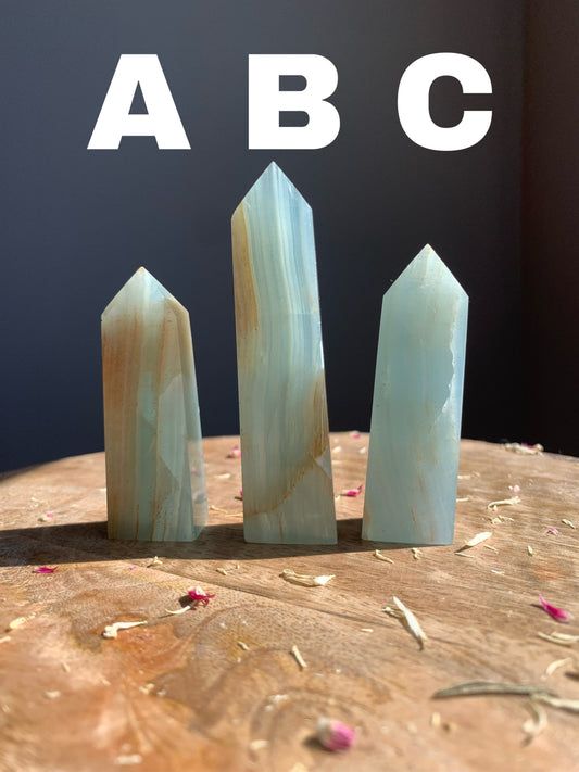 Blue Lumerian Onyx / Lumerian Aquatine Calcite Crystal Tower Obelisk Polished Carving ( YOU CHOOSE )