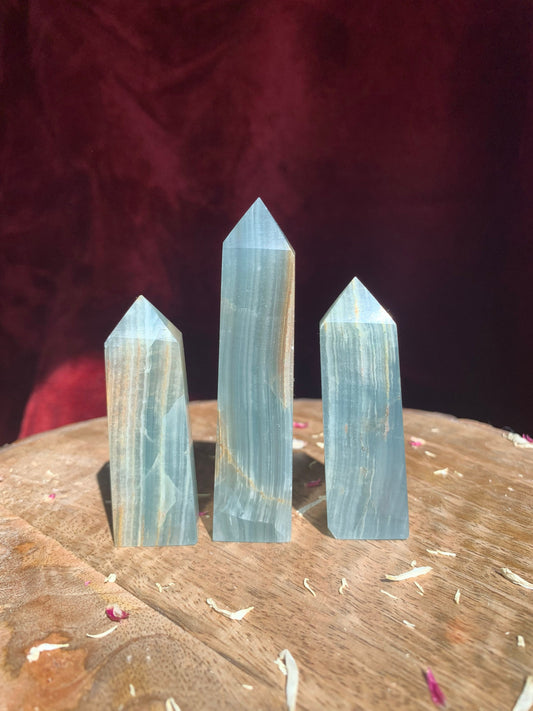 Blue Lumerian Onyx / Lumerian Aquatine Calcite Crystal Tower Obelisk Polished Carving ( YOU CHOOSE )
