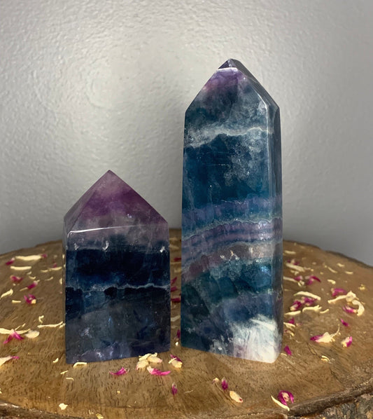Wide Rainbow Fluorite Obelisk Towers Polished Crystal Carving