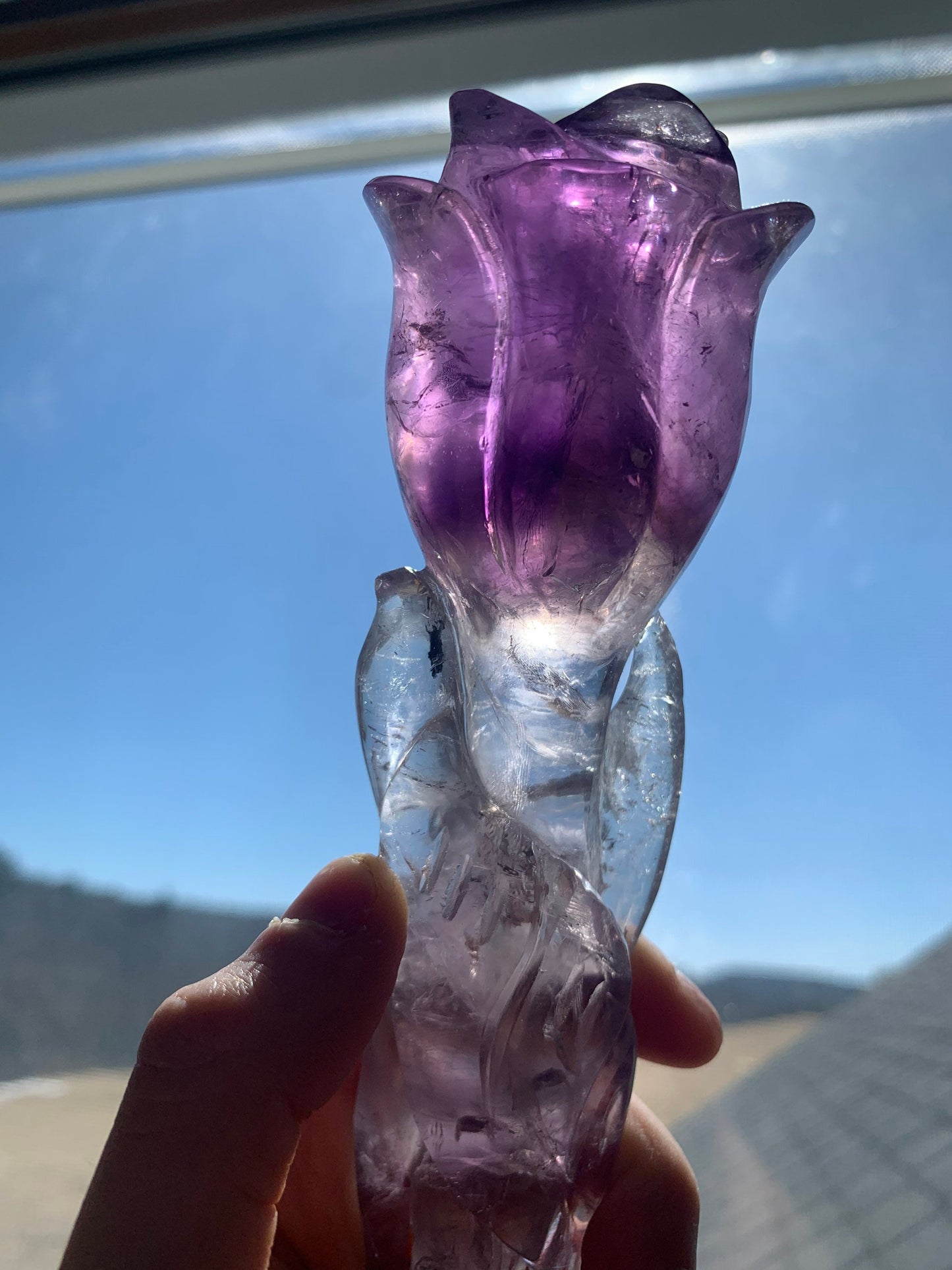 XL 8.3 Inch Amethyst Rose Crystal Flower Quartz Polished Wand Carving