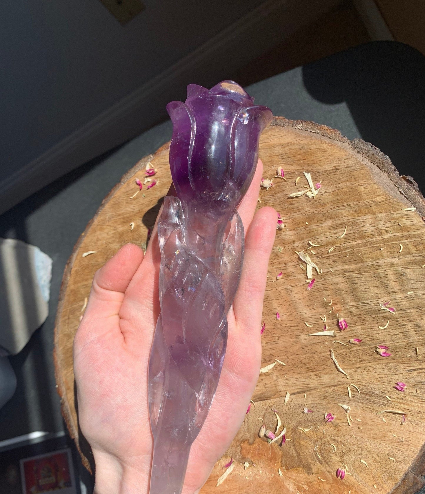 XL 8.3 Inch Amethyst Rose Crystal Flower Quartz Polished Wand Carving