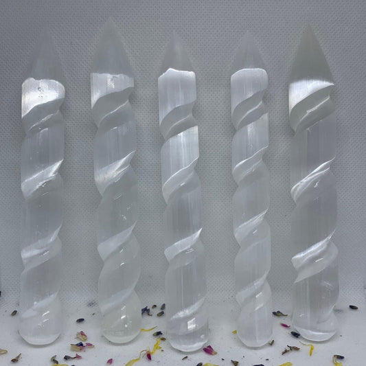 6” Selenite Crystal Polished Carved Twist / Spiral Pointed Massage Wand