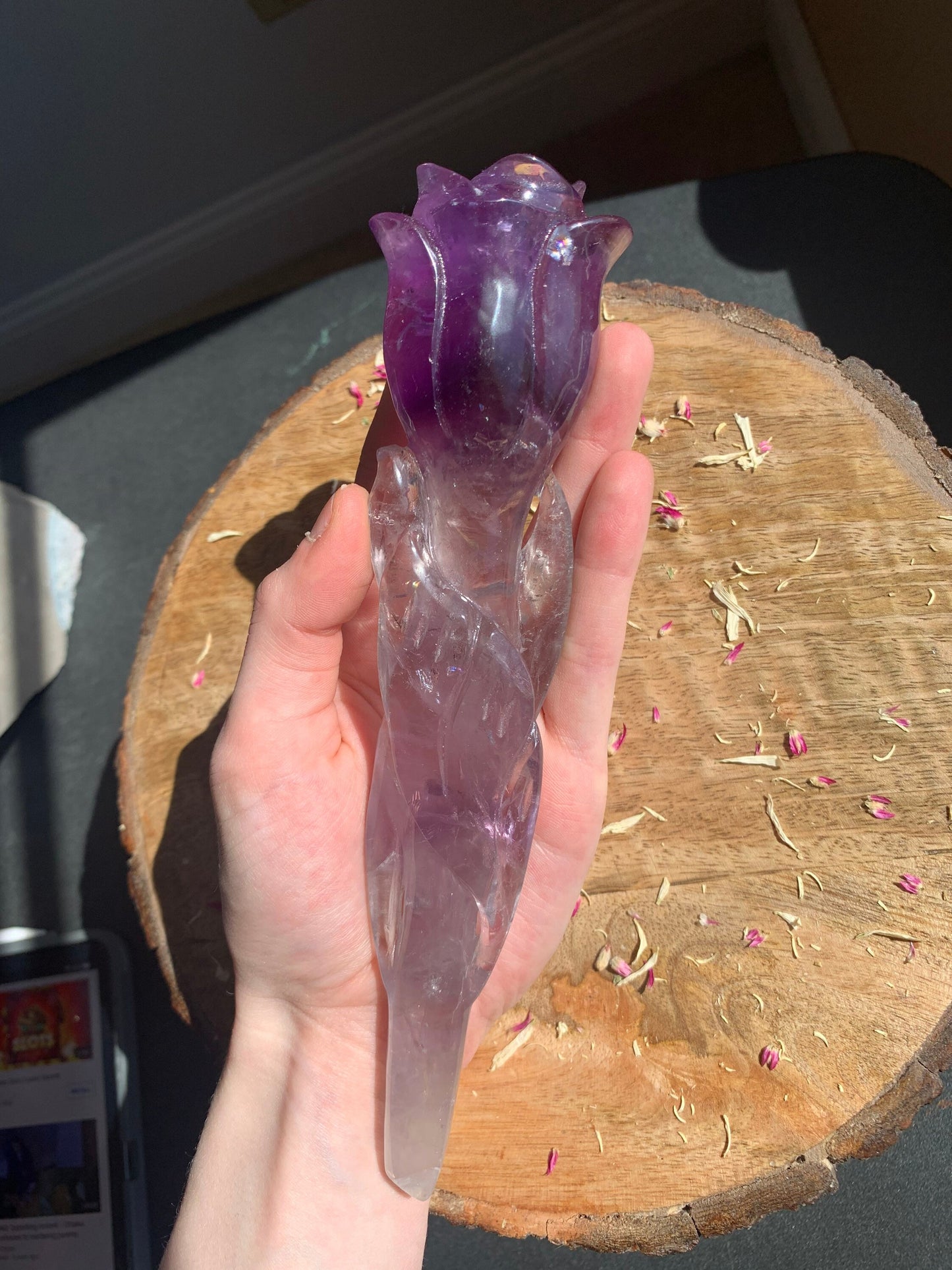 XL 8.3 Inch Amethyst Rose Crystal Flower Quartz Polished Wand Carving