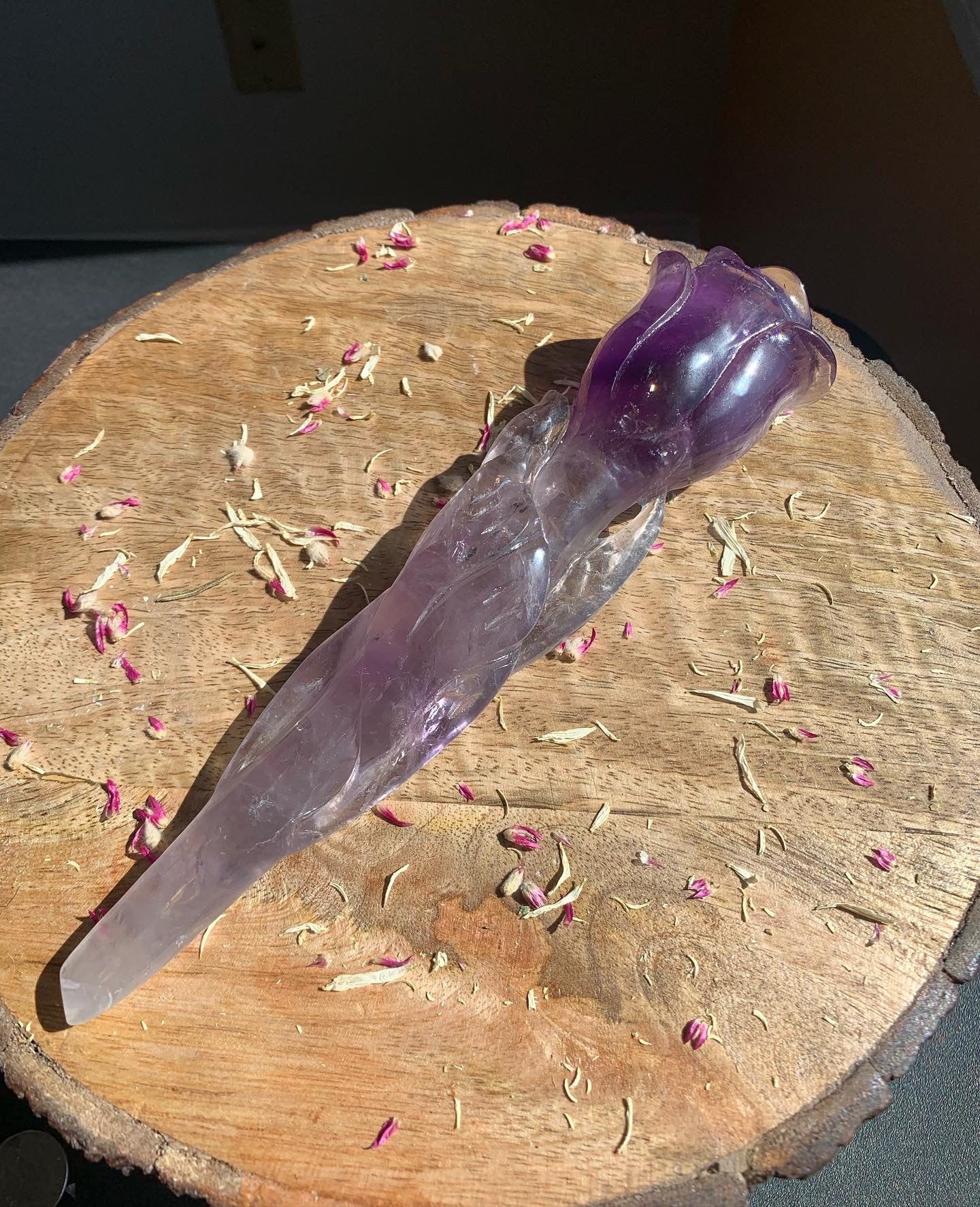 XL 8.3 Inch Amethyst Rose Crystal Flower Quartz Polished Wand Carving