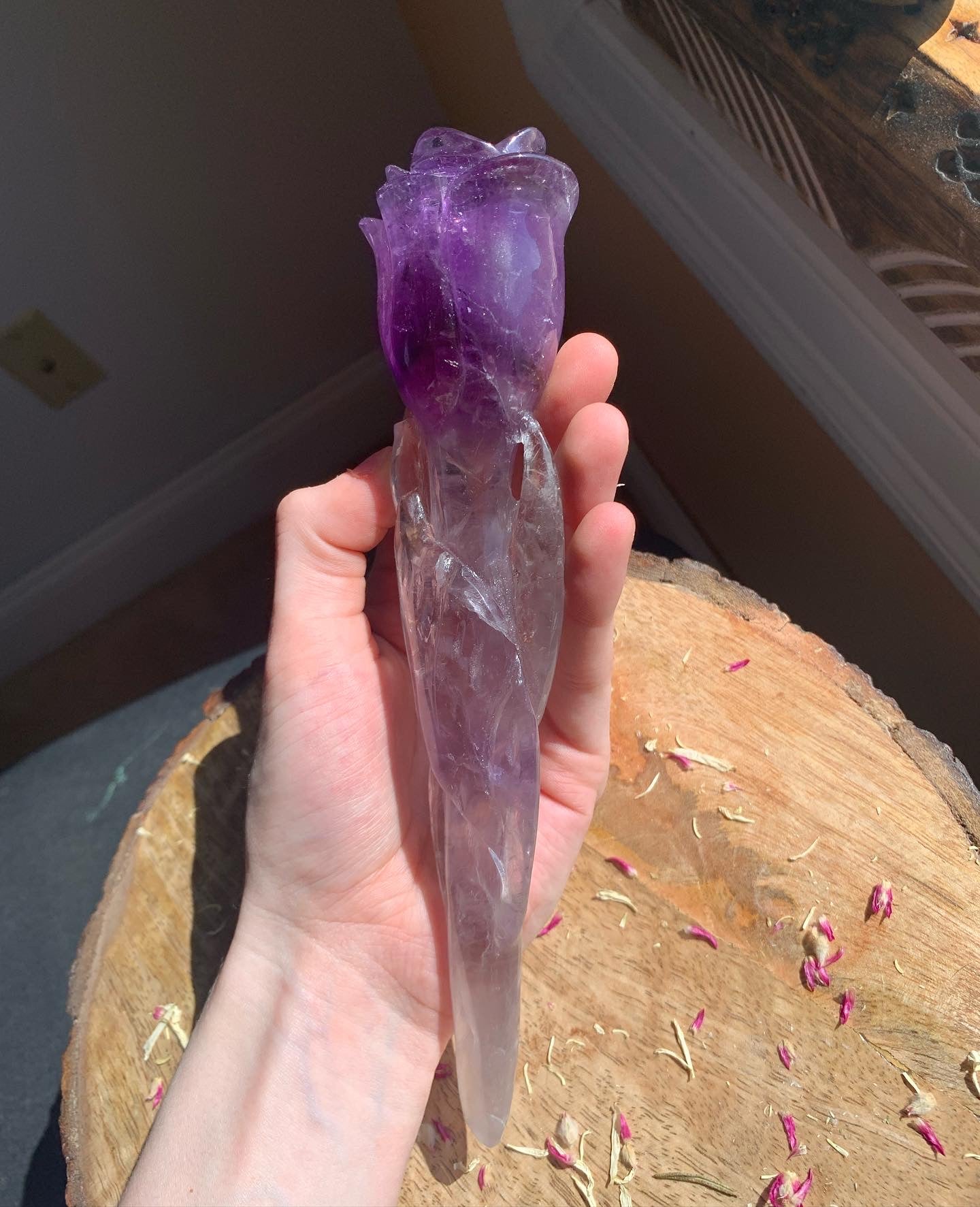 XL 8.3 Inch Amethyst Rose Crystal Flower Quartz Polished Wand Carving