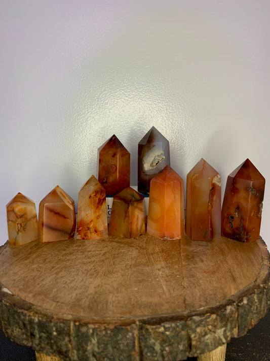 Unique Carnelian Crystal Polished Tower Carvings, Carved Agate Mineral Obelisks