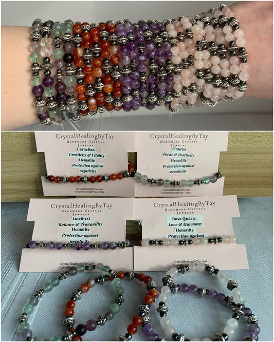 HANDMADE Crystal Bracelets Fluorite, Amethyst, Rose Quartz, Carnelian & Hematite Crystal Beaded Stretchy Jewelry Bracelets